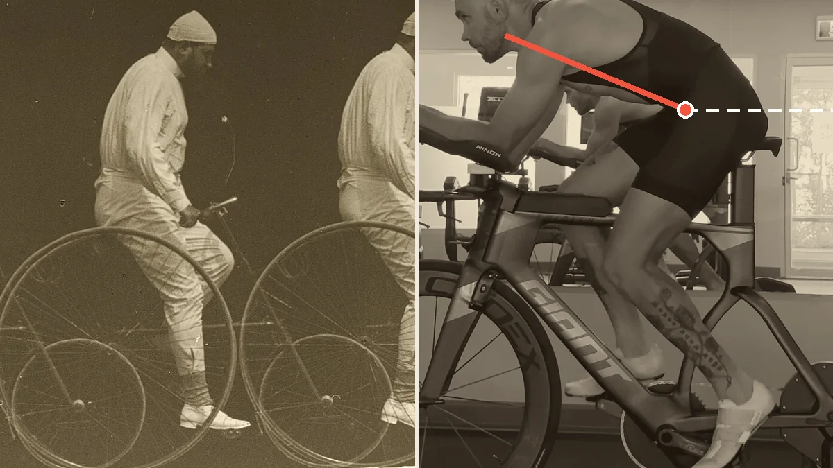 An upright rider on an 1880s high-wheel bicycle beside a triathlete on a time-trial bike, torso line drawn