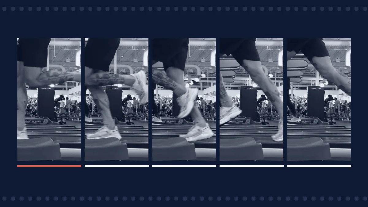 Five frames 50 milliseconds apart of one foot on the ground, from touchdown to toe-off