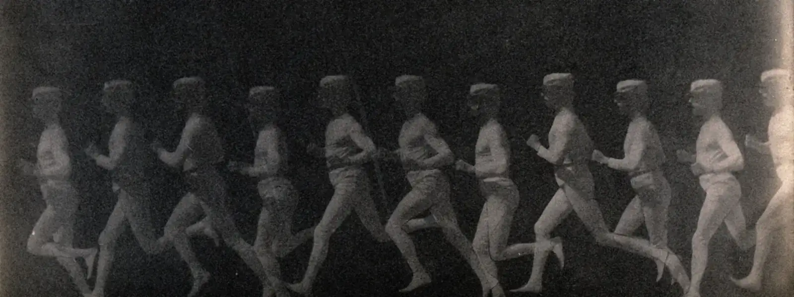 Chronophotograph by Étienne-Jules Marey, about 1883: one runner photographed many times on a single plate, every phase of the stride at once