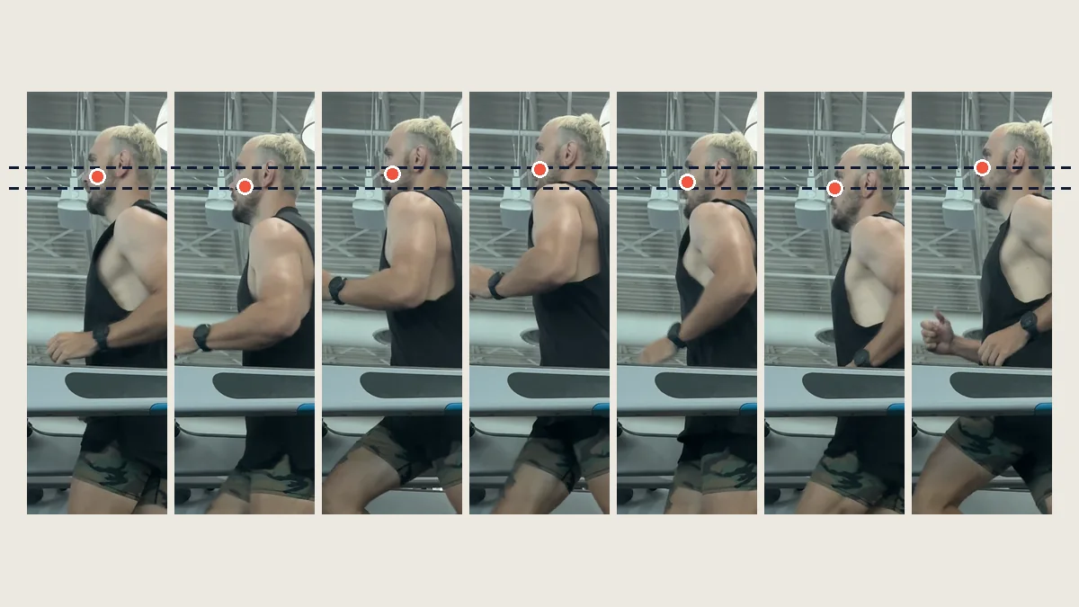 Seven frames of the same runner's head across one stride, the highest and lowest points marked