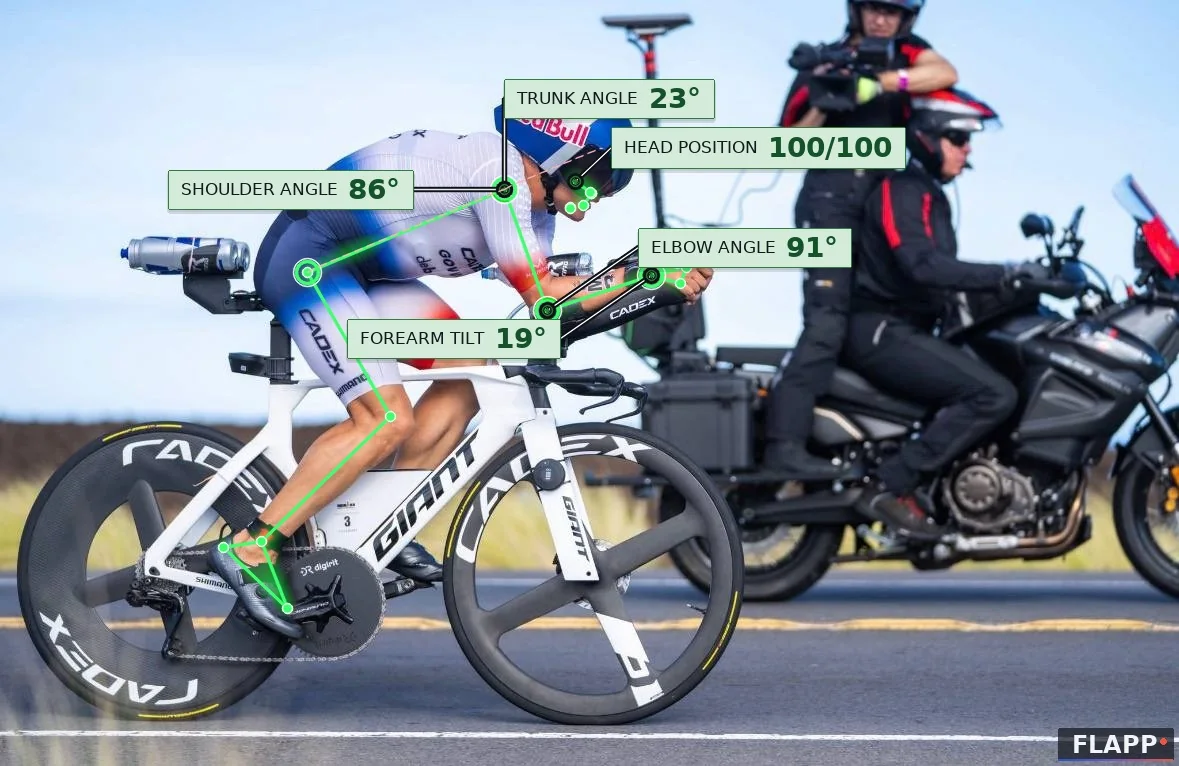 Rider A, the traditional shape: forearms almost flat at 10°, elbow open to 107°. Flapp's overlay on the race photograph.