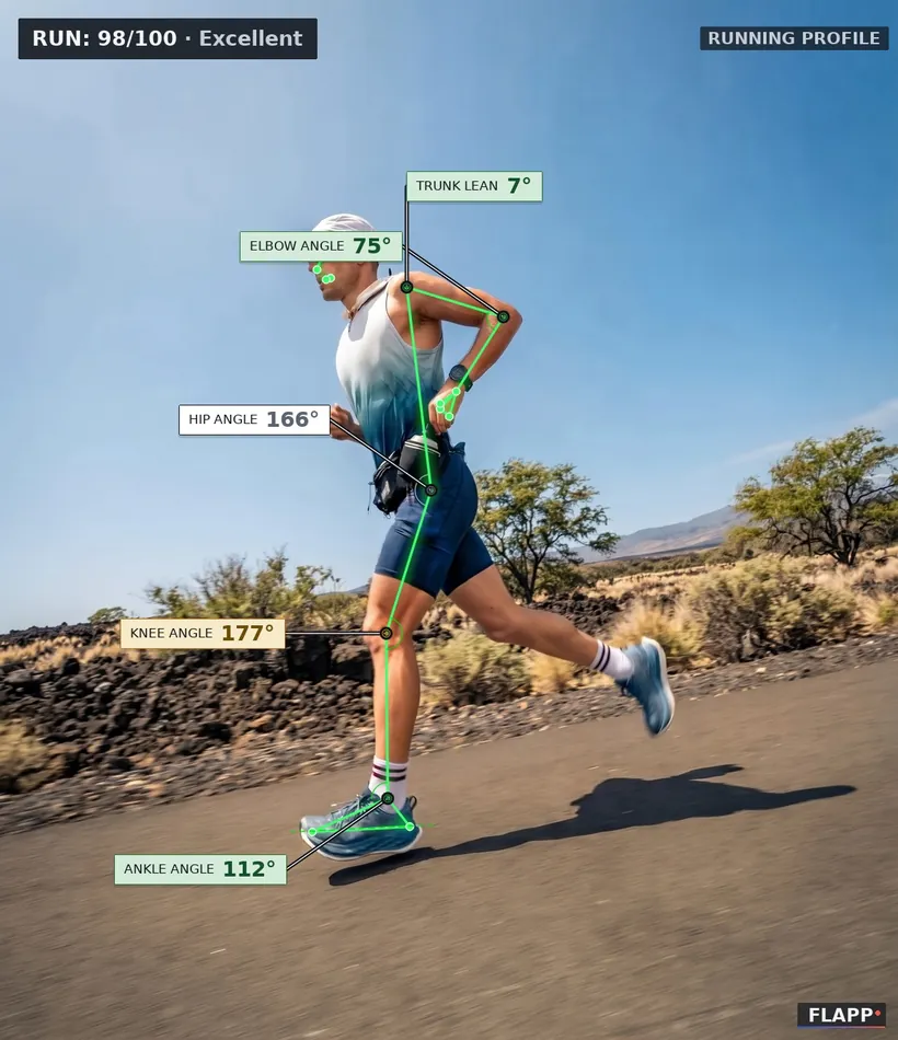 The same photo as Flapp returned it: skeleton overlay with trunk lean 7 degrees, elbow 75, hip 166, knee 177 in amber and ankle 112, scored 98 out of 100