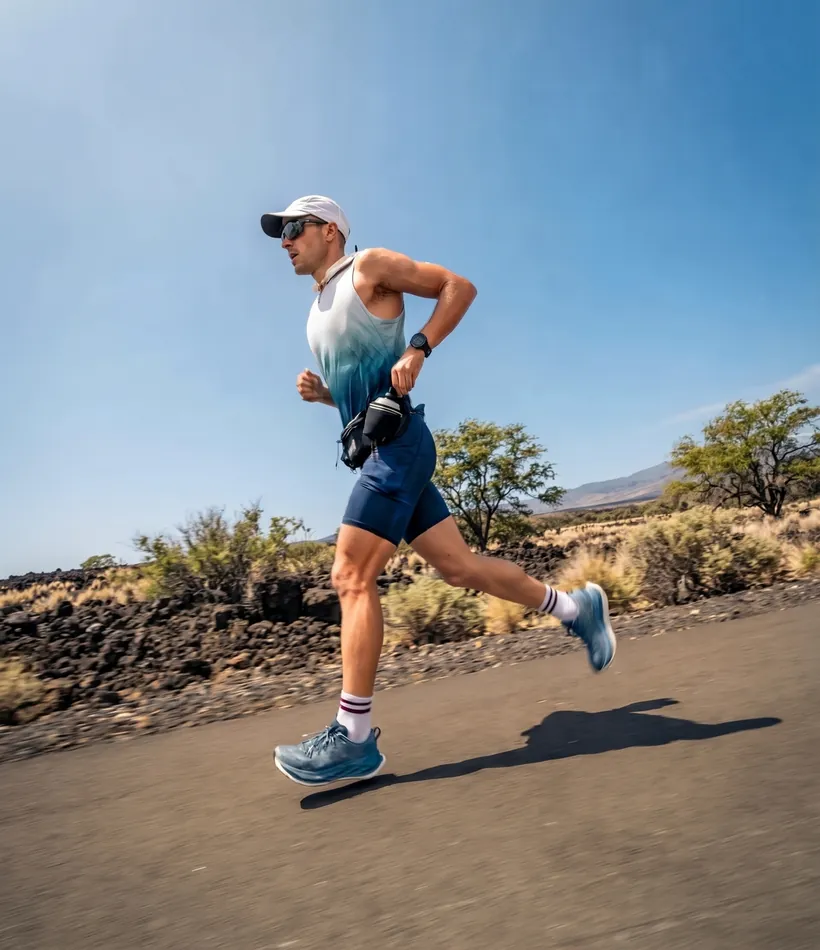 A triathlete running on a road past black lava rock and scrub, photographed side-on mid-stride from a low angle